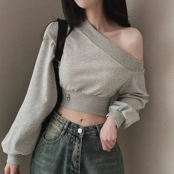 Women's Autumn Off-the-shoulder Sweatshirt Cropped Top Embroidery Loose-fit Windy Sweet Girl Hoodies Thin Material