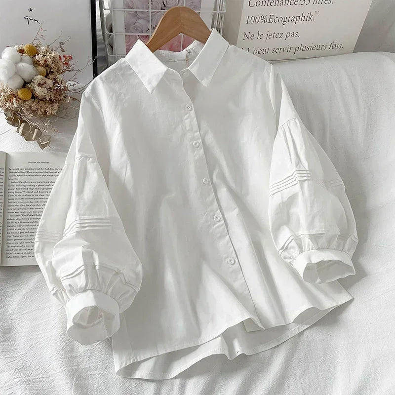 2024 Puff Sleeve Shirts Women White Turn Down Collar Preppy Sense of Design Chic Female Tops Korean Fashion Simple Summer Blouse