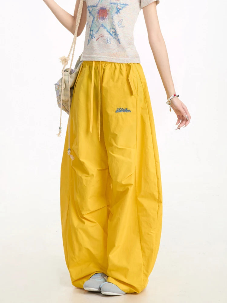 Zoki Streetwear Yellow Cargo Pants Women Vintage Letter High Waist Y2K Wide Leg Trousers High Quality Loose Paratrooper Pants