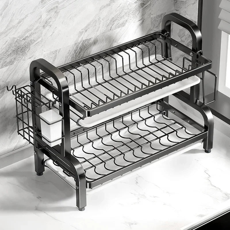 Kitchen 2nd floor storage cutlery and bowl rack set with cutlery rack, large anti rust cutlery drainage board