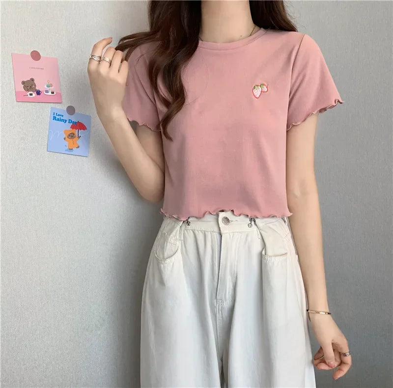 Summer Embroidered Short T-shirt Women Wooden Edge Irregular Slim Short Sleeve Top Plant Pattern Fiber Fabric Elegant Style