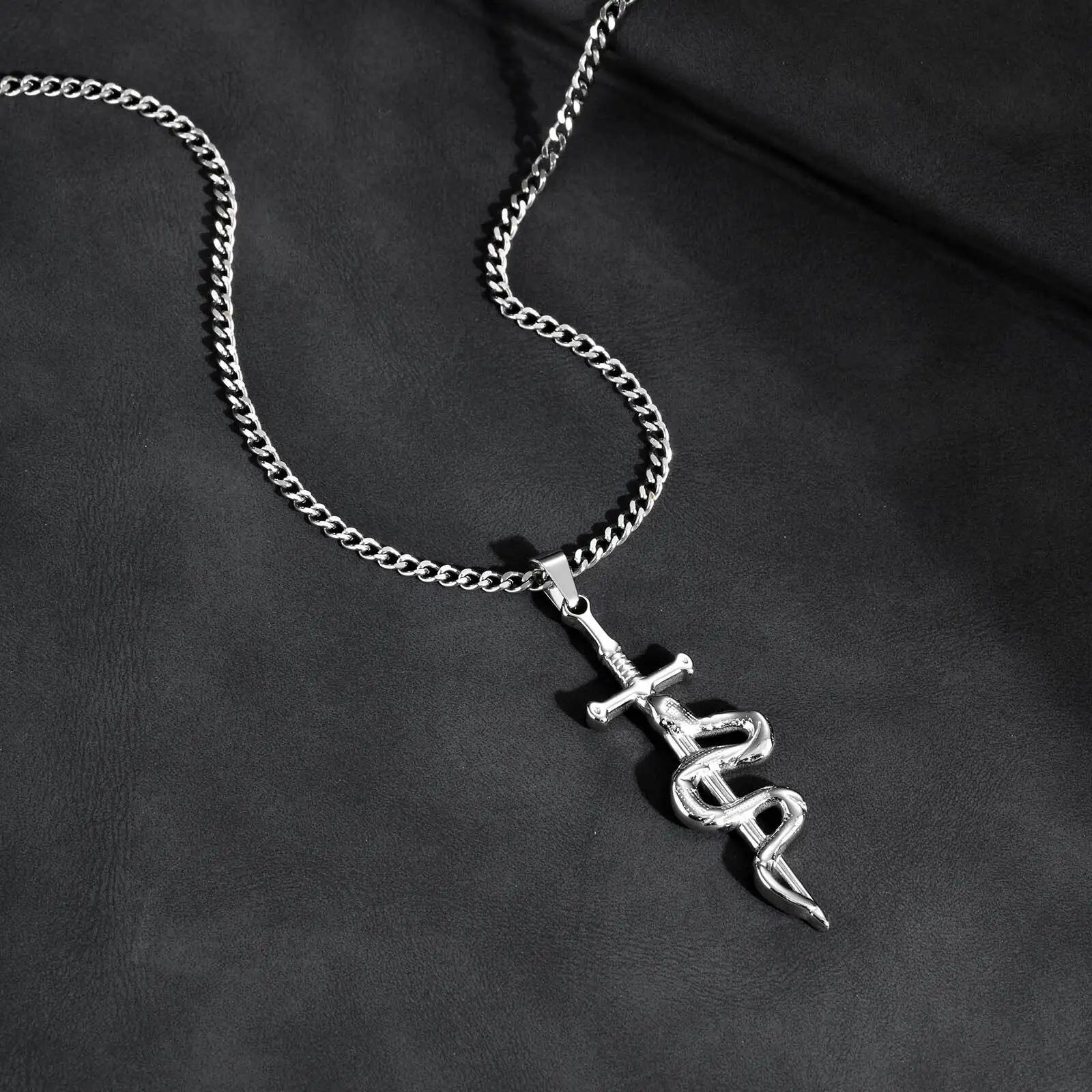 Punk Sword Necklace for Men Boys,Cross Snake Pendant Necklace with 60CM Cuban Chain,Gothic Jewelry Gift