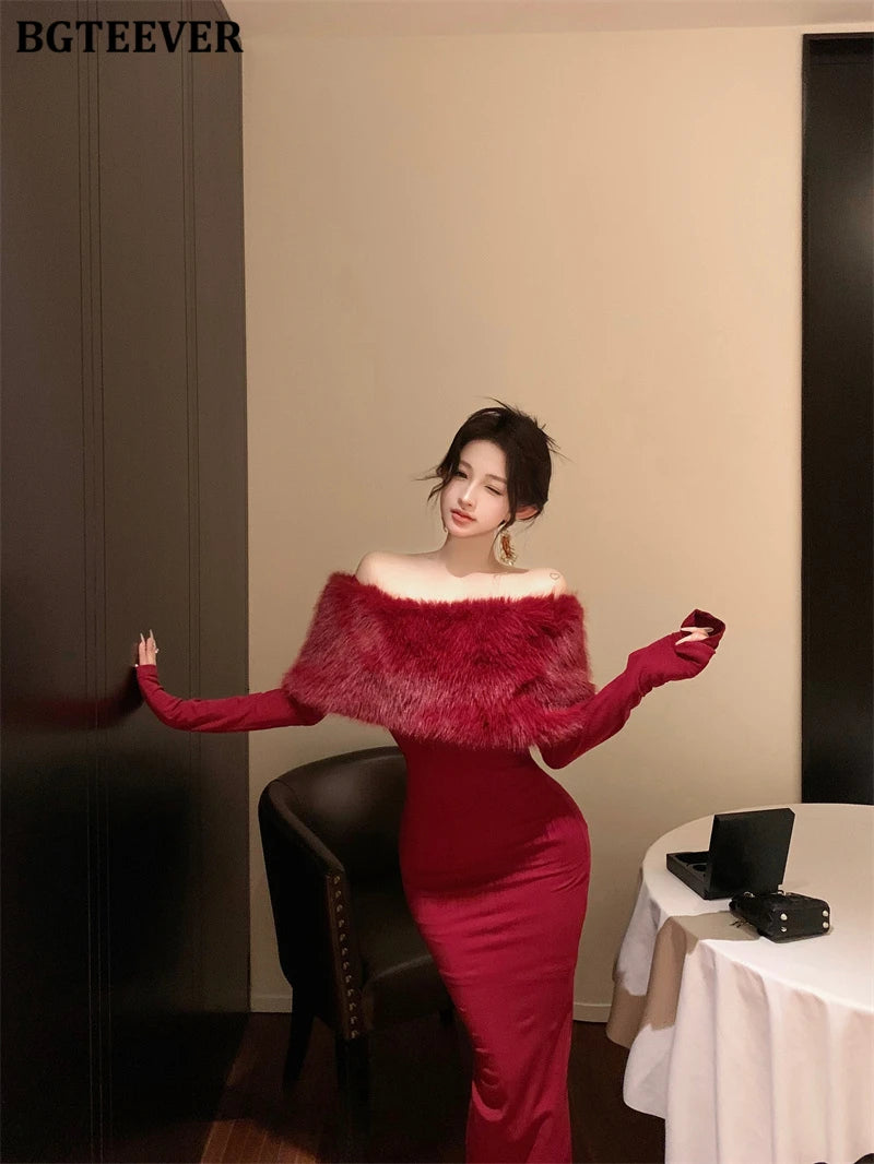 BGTEEVER Autumn Winter Fashion Slash Neck Ladies Skinny Package Hip Sweater Dress Elegant Long Sleeve Female Slim Knitted Dress