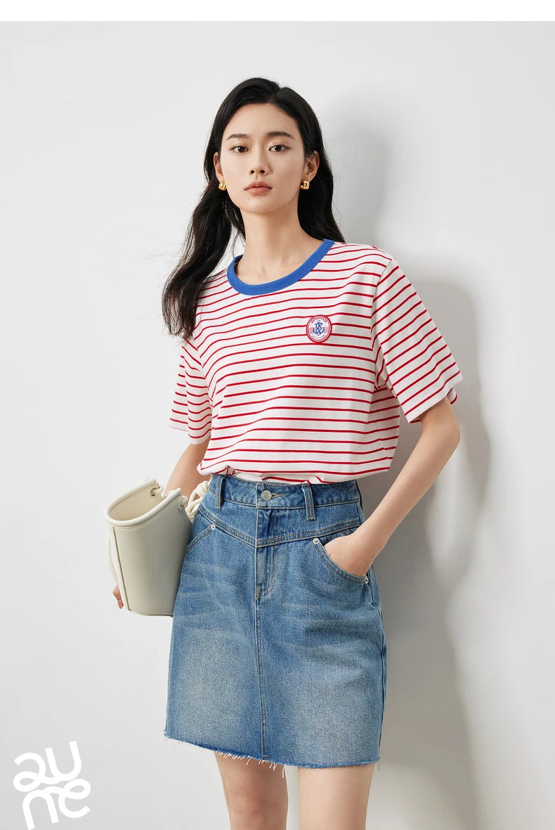 TOYOUTH Women Striped Short Sleeved T-shirt 2024 Summer New Academy Style Round Neck Top