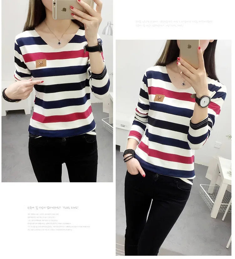Korean Style Spring Autumn Women's T-shirt New Stripe Long Sleeve Top Slimming Base Layer Inner Outer Wear V-neck