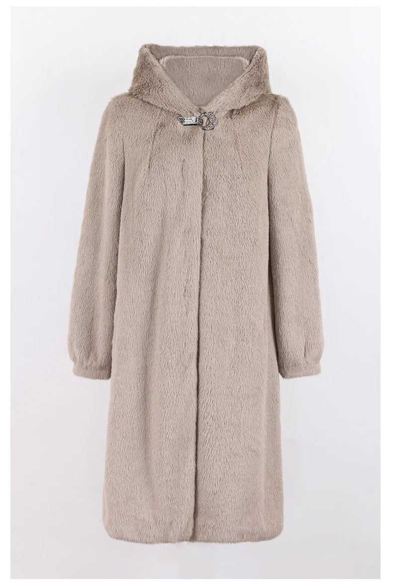 Lautaro Winter Luxury Long Black Faux Mink Fur Coat Women with Hood Long Sleeve Elegant Thick Warm Fluffy Furry Jacket 6xl 7xl