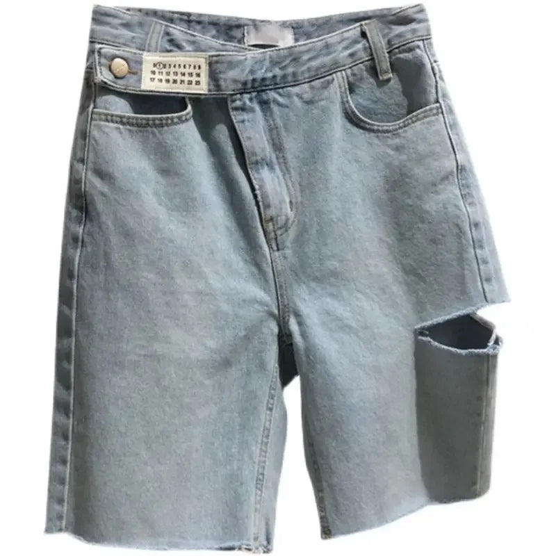 High Waist Skinny Jeans Shorts Women's Five-Quarter Thin New Style Hot Sale Of The Season Hole Design Straight Leg plus Size Hot