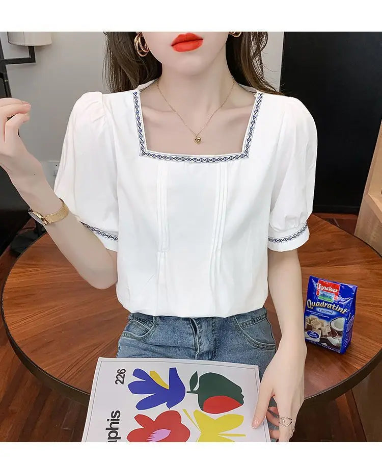 Women Clothing Summer Korean Fashion Embroidered Solid Color Square Collar Puff Sleeve Femme All-match Pleated Short Sleeve Tops