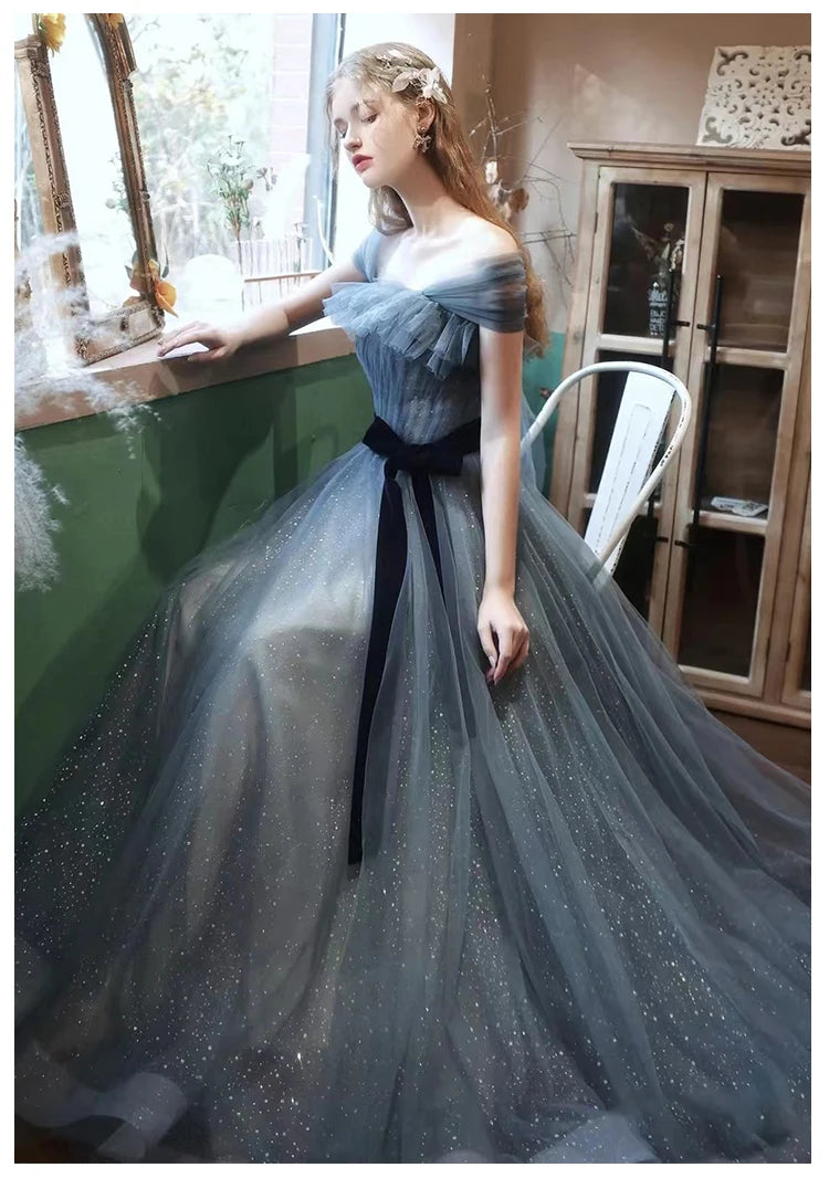 New greydish blue long sweat lady girl women princess bridesmaid banquet party prom dress gown