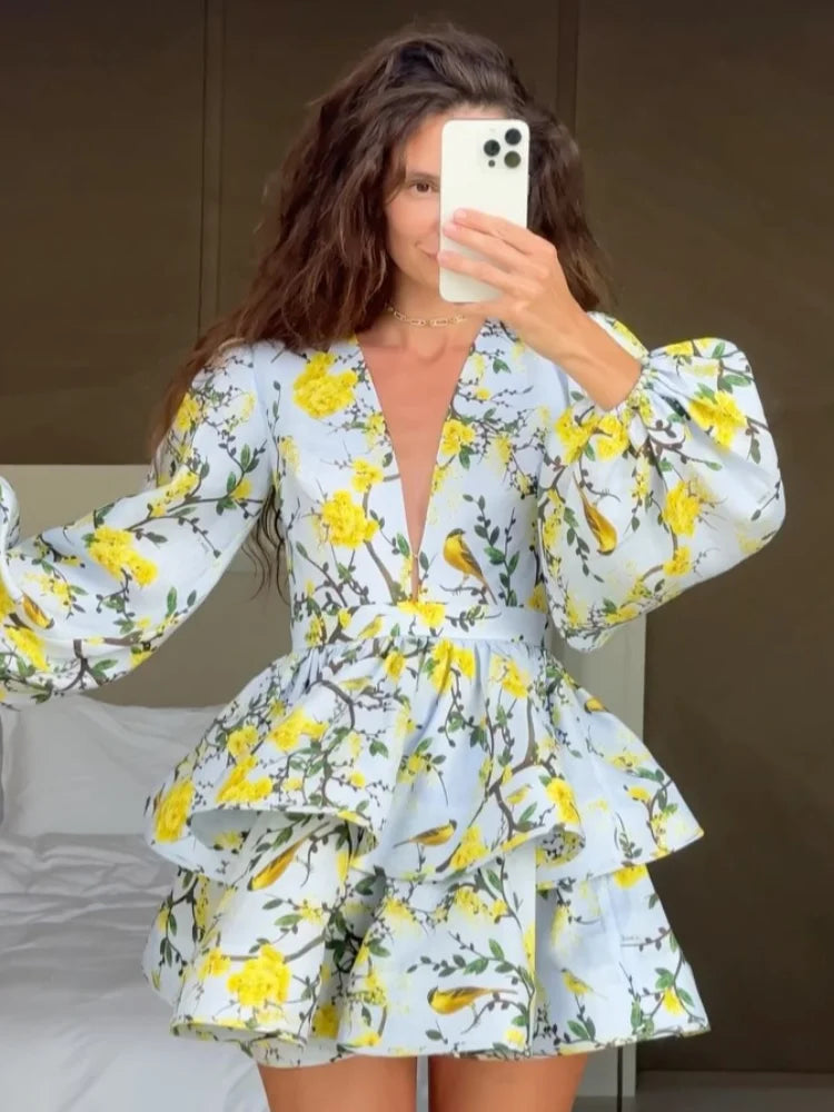 Printed Ruffled Hem Deep V-neck Puffy Dress Long Lantern Sleeve Elegant Vacation Party Short Dresses Colorful 2025 Spring Robe
