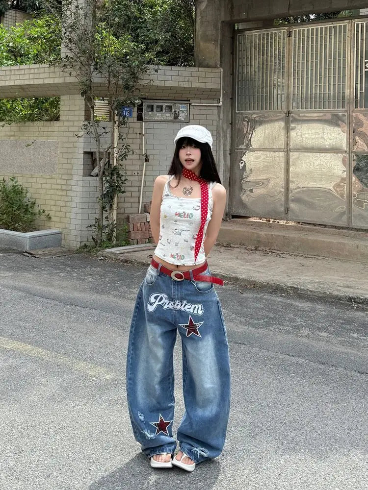 Blue Gothic Ripped Jeans Women Summer Baggy Aesthetic Denim Trousers Harajuku Oversize Jean Pants Vintage 2000s Trashy Clothes