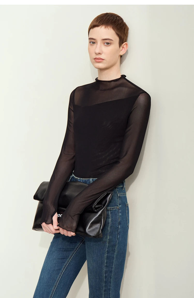 Amii Minimalism Mesh T-shirts For Women 2025 Spring New Office Lady Half-high Neck Micro Perspective Slim Retro Shirt 12423055