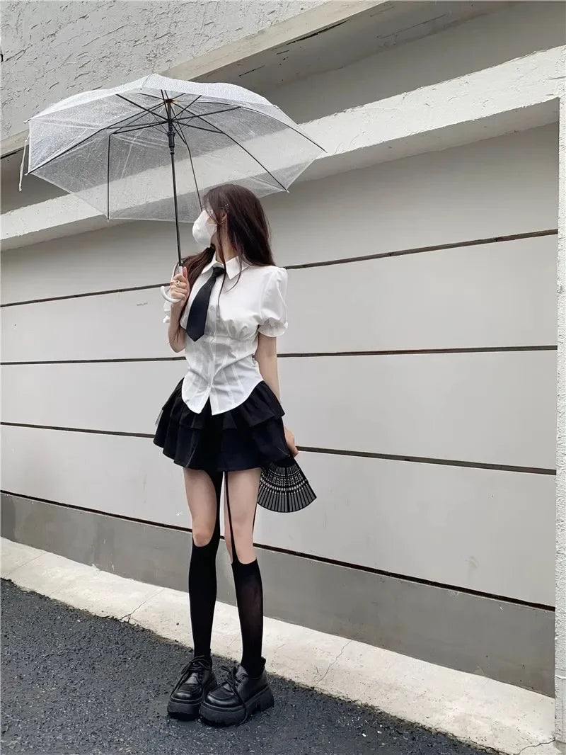 Mini Dress Black Cake Tummy Control Preppy Style A- line Skirt High Waist Summer Heat Wave Women's Petite Chic Fashion