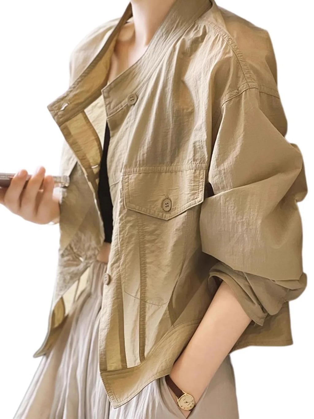 Women's ort Breathable Faion irt Thin Summer New Design Chic Stand Collar Trendy Top Korean Sle Long Sve Button up