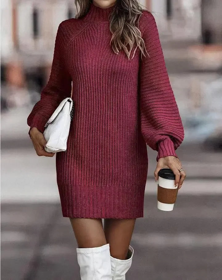 High Neck Long Sleeve Women's Knitted Dress Sweater Autumn Winter New Style Cross-Border Fashion Elegant Classy Female Garment