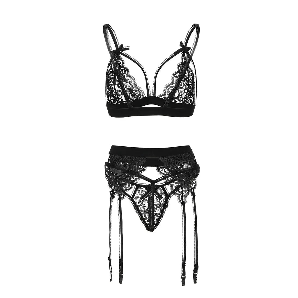 Leechee Sexy Women's Underwear Floral Lace Lingerie Set With Garter Black Wire Free Brassiere Transparent Underwear Bra Sets