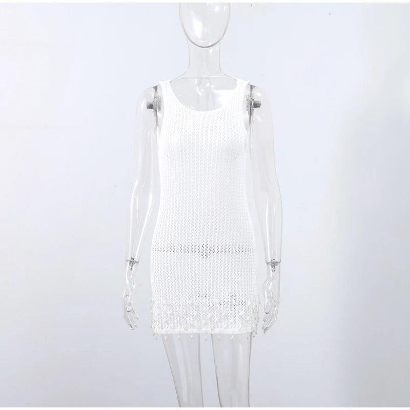 Sexy Backless Pearl Tassel Mini Dress Women Chic Street Knitted Hollow Out Lace Up Slim Short Dresses Lady Spring Beach Party