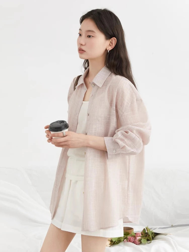 CHIC VEN New Women Shirt Retro Loose Casual Single Breasted Long Sleeve Back Slit Thin Transparent Female Blouses Summer 2025