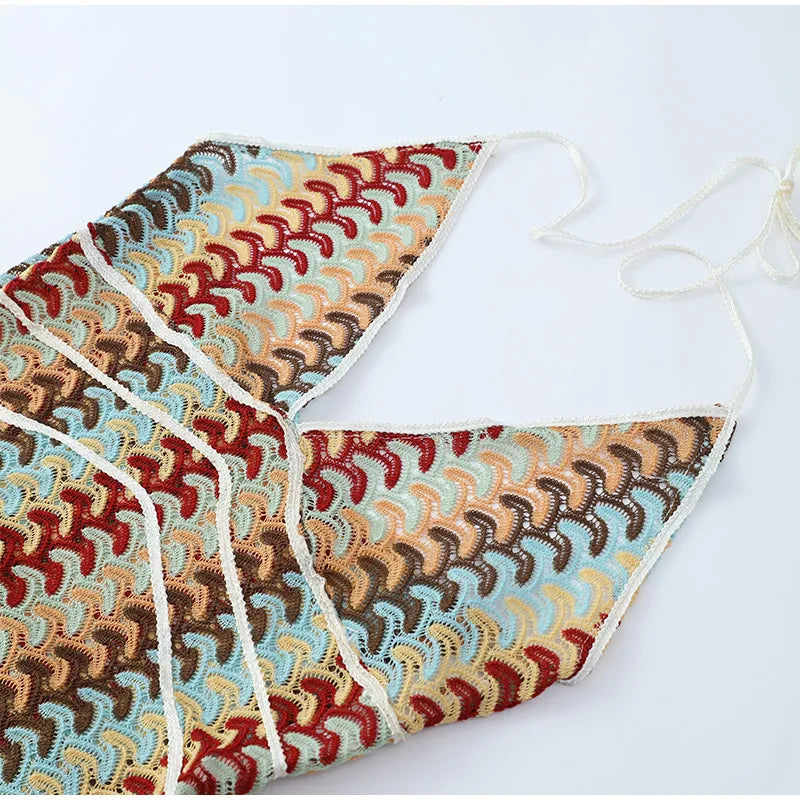 Sexy Printed Colorful Deep V-neck Crochet Maxi Dress Women Chic Sleeveless Backless Sling Slim Vestido 2025 Lady Vacation Robes