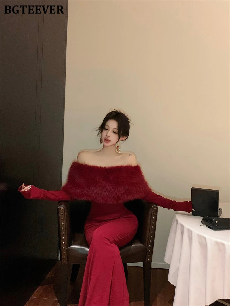 BGTEEVER Autumn Winter Fashion Slash Neck Ladies Skinny Package Hip Sweater Dress Elegant Long Sleeve Female Slim Knitted Dress