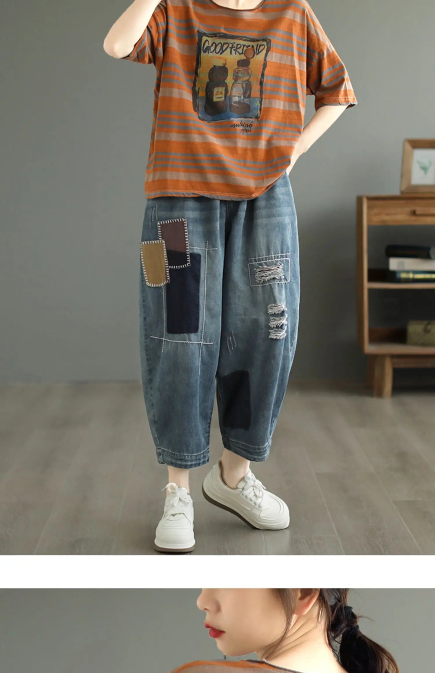 plus Size Women's Cotton T-irt ort Sve Slimming Top Summer Street Sle Printed round Ne Loose Fit Casual Wear