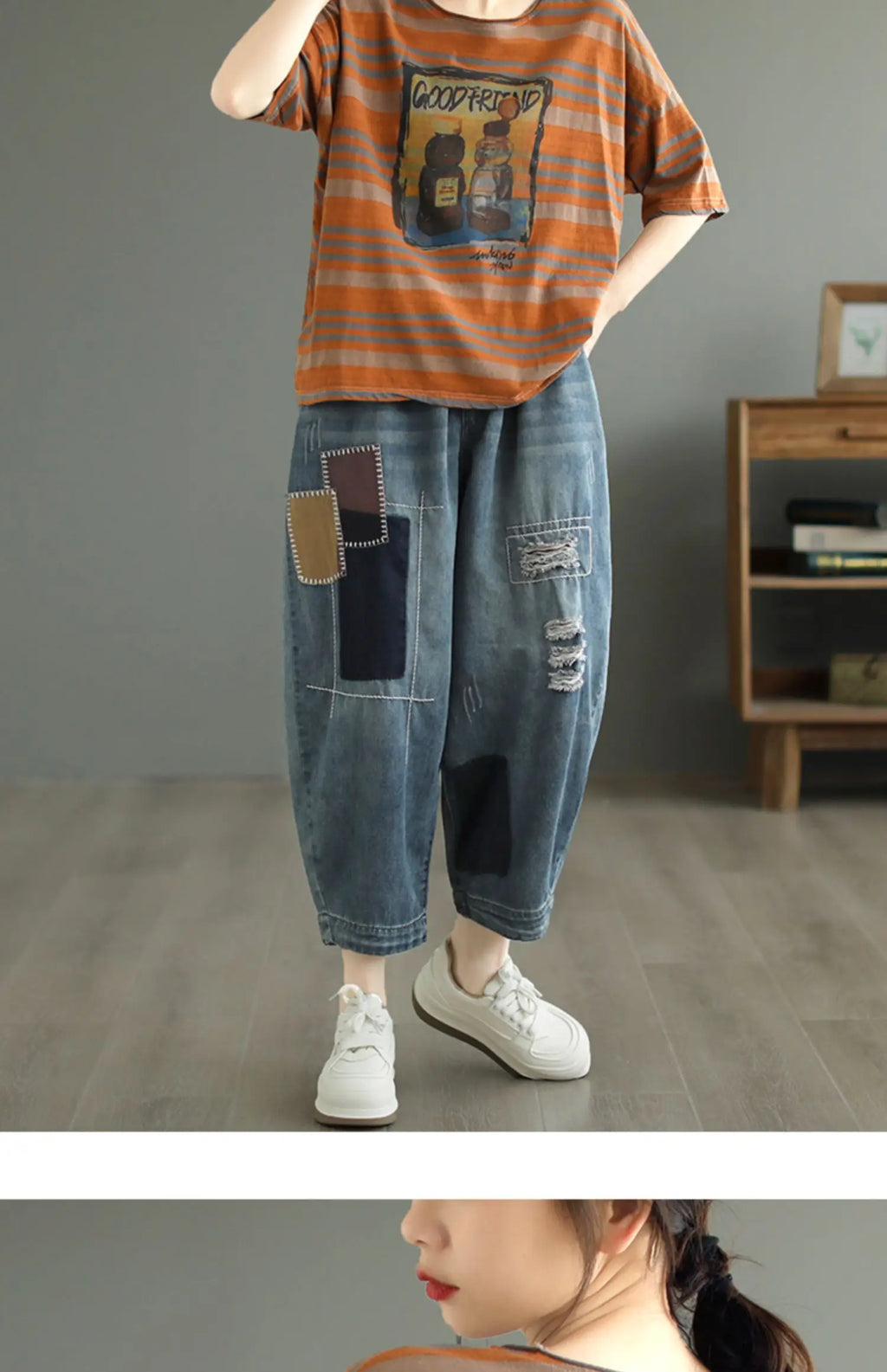 plus Size Women's Cotton T-irt ort Sve Slimming Top Summer Street Sle Printed round Ne Loose Fit Casual Wear