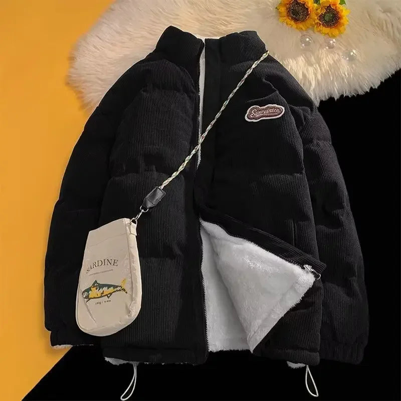 Fog Blue Cotton-padded Coat Men's Winter Thickened Hong Kong Style Corduroy Cotton Jacket Design Sensibility Niche 2023 Workwear