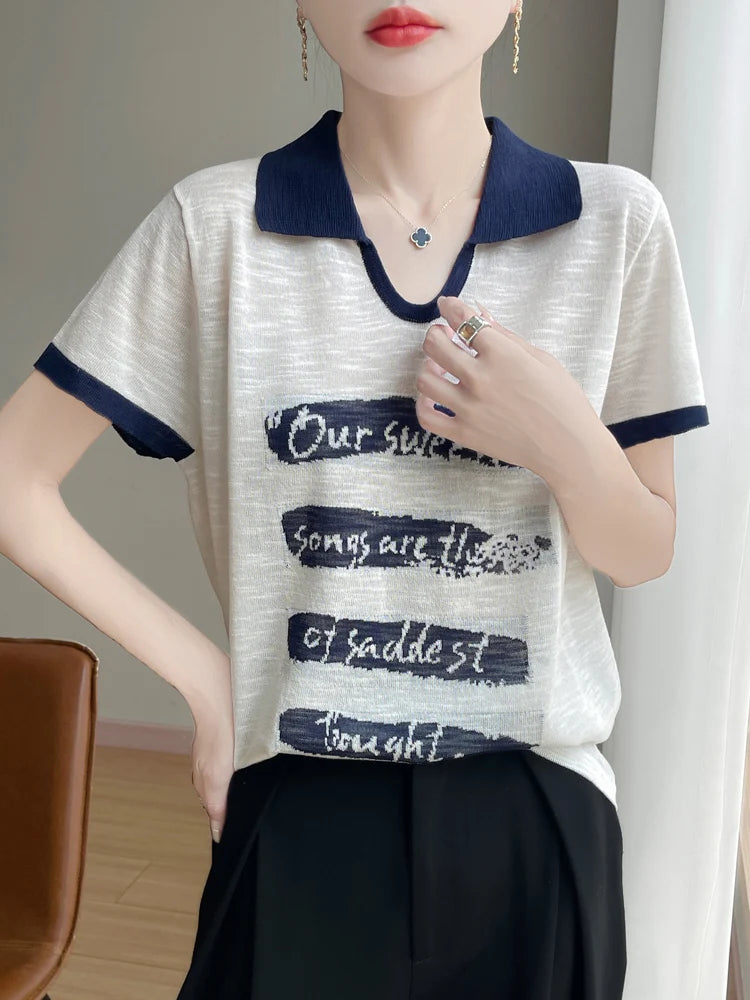 2025 New Large Size Summer Short Sleeve Scissor Collar T-Shirt Women High Grade T-Shirt Fashion Comfortable Leisure T-Shirt Tops