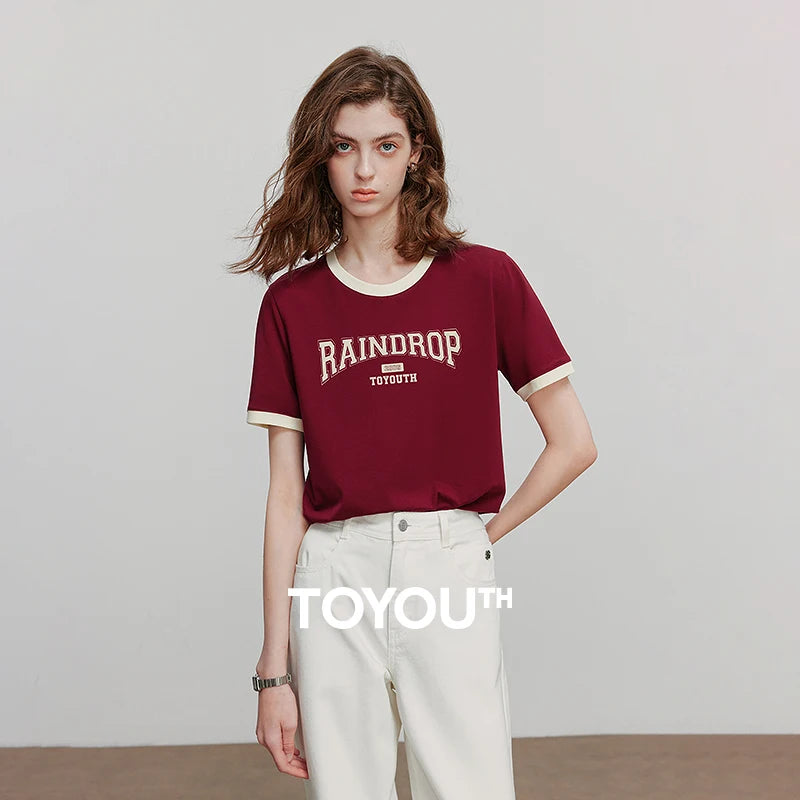 TOYOUTH Women Short Sleeve T shirt 2025 Summer New Color Blocked Letter American Style Antibacterial Cotton Tops GT5210004