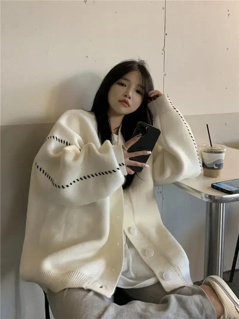 Autumn and Winter Lazy Style V-neck Knitted Sweater Cardigan Women Korean Version Loose Casual All-match Sweater Cardigan Coat