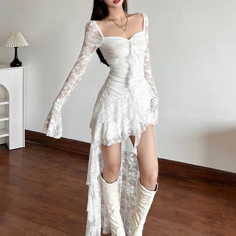 AltGoth Mall Goth Fairycore Dress Women Vintage Aesthetic Elegant Sweet Sexy See Through Irregular Hem High Waist Corset Dress