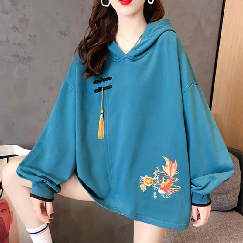 Chinese Style Lucky Carp Embroidery Loose Hoodies Women Drop Shoulder Buckle Tassel Hooded Sweatshirt Female Vintage Clothes