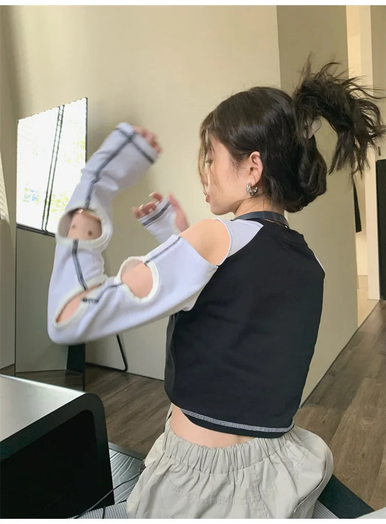 Female Off Shoulder Long Sleeve Tops European and American Sexy Women's Short Slim Navel Print T-Shirt Y2k Vintage Gothic Autumn