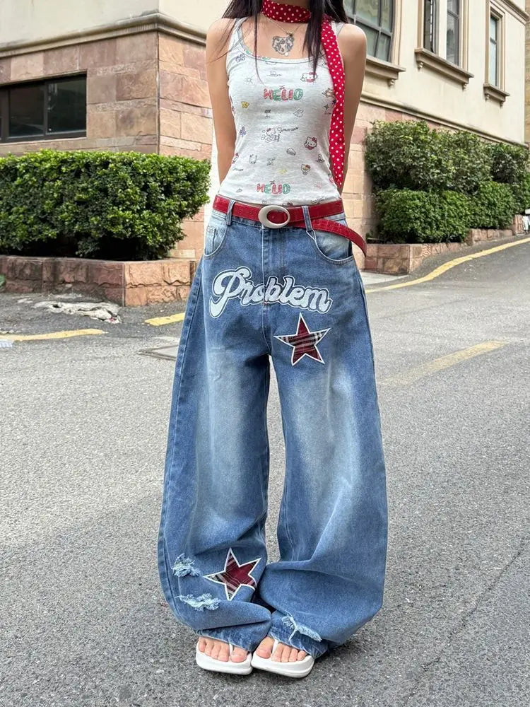 Blue Gothic Ripped Jeans Women Summer Baggy Aesthetic Denim Trousers Harajuku Oversize Jean Pants Vintage 2000s Trashy Clothes