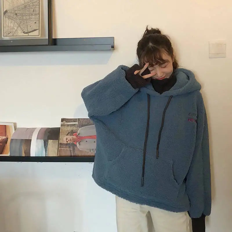 Plush Women Hoodie Solid Color Loose Pullover Hooded Korean Fashion Cold-proof Thicken Soft Spring Hooded Sweatshirts худи 후드티