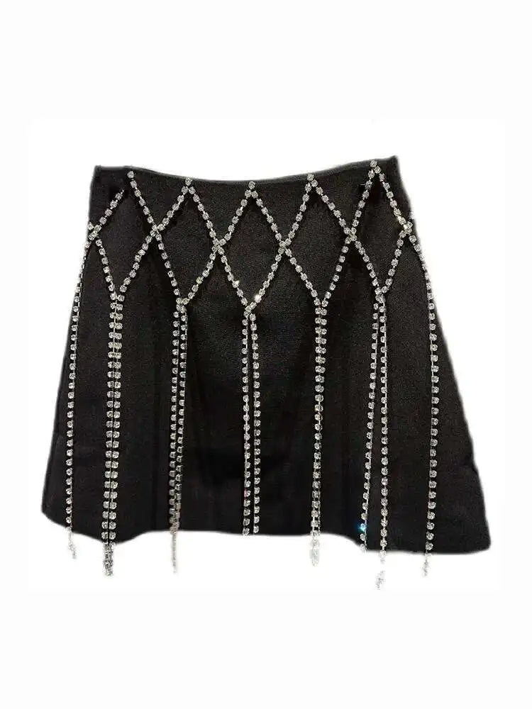 DEAT 2025 Spring New Fashion Diamond Chain Design Mini Skirt For Women Zipper Waist A-line Wrapped Hip Skirts Female 11XX5371