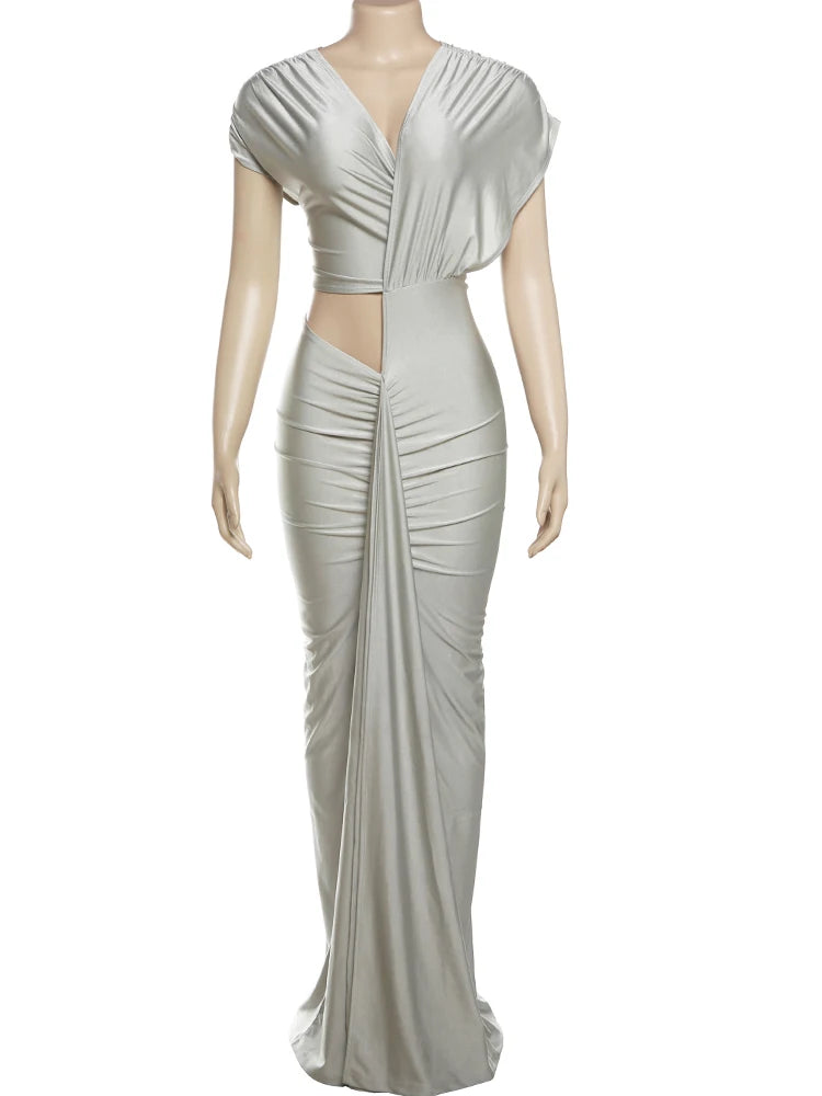 Weird Puss Irregular Hollow Dress Women Ruched Diagonal Collar Shorts Sleeve Waistless Slits Street Trend Elegant Long Bodycon