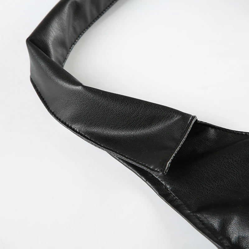 Hot Sexy Gyaru Slim Fit Leather Short Tops Women Halter Up Turn Down Collar Fashion Trendy Backless Design Tanks