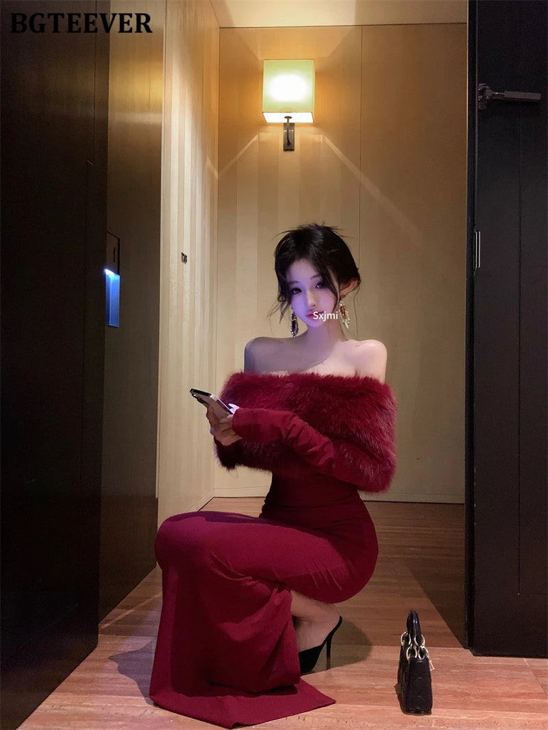 BGTEEVER Autumn Winter Fashion Slash Neck Ladies Skinny Package Hip Sweater Dress Elegant Long Sleeve Female Slim Knitted Dress