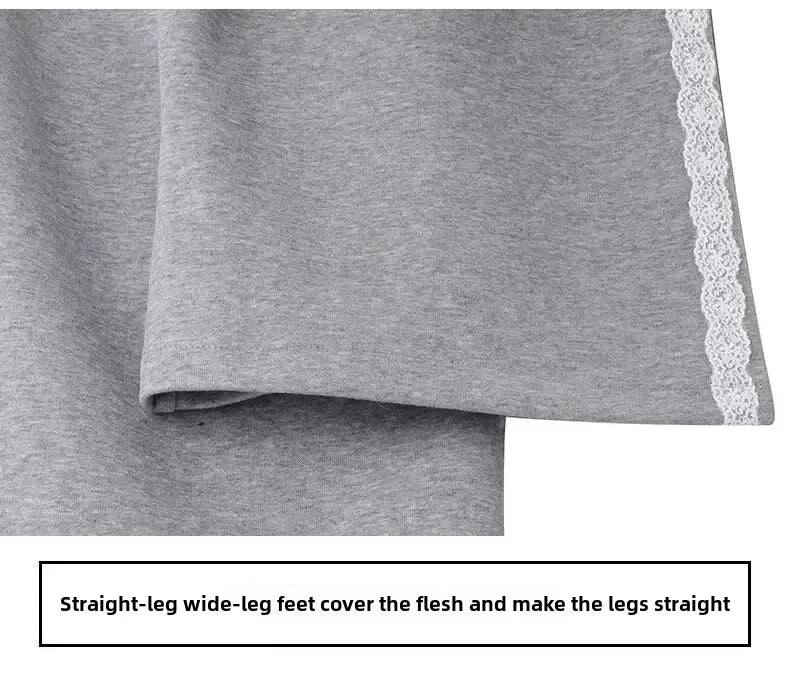 Trendy Casual Wide Leg Pants Women's Autumn Winter High Waist Splicing Lace Trim Drapey Slimming Sporty Trousers