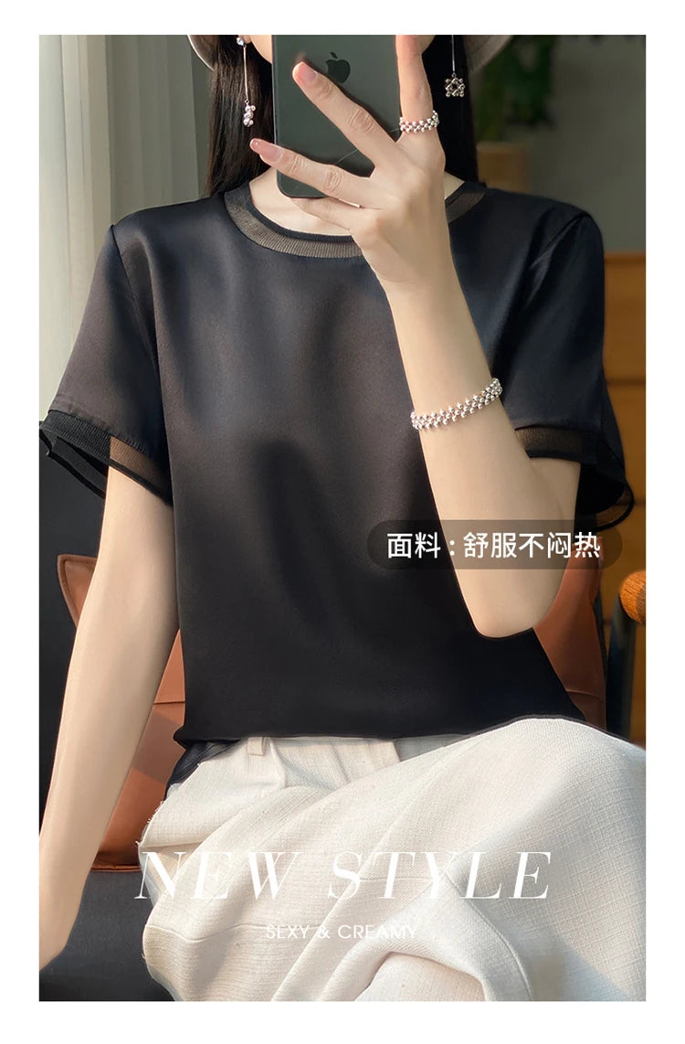 Oversize New Arrival T-Shirt Silky Satin Surface Women's Tees Short ONeck Tank Top Casual Slim Solid Lady Clothes Fashion Trends