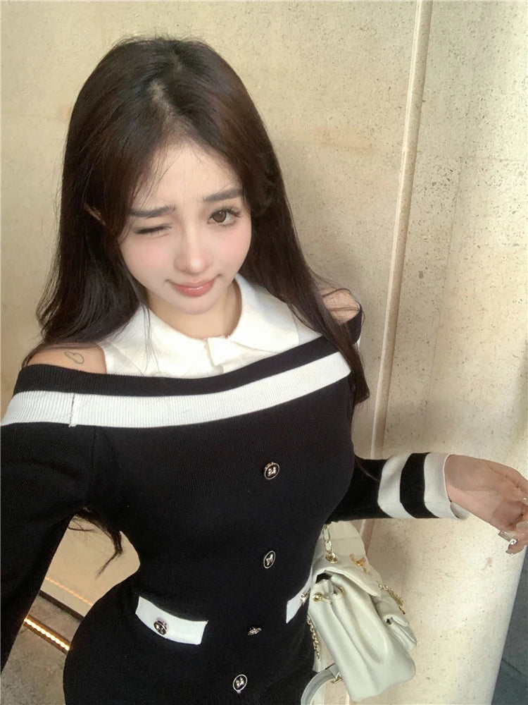 Hot Girl Off Shoulder Long-sleeved Knitted Dress Women's Autumn Fake Two-piece Shirts Spliced Sexy Wrapped Hip Short Dress