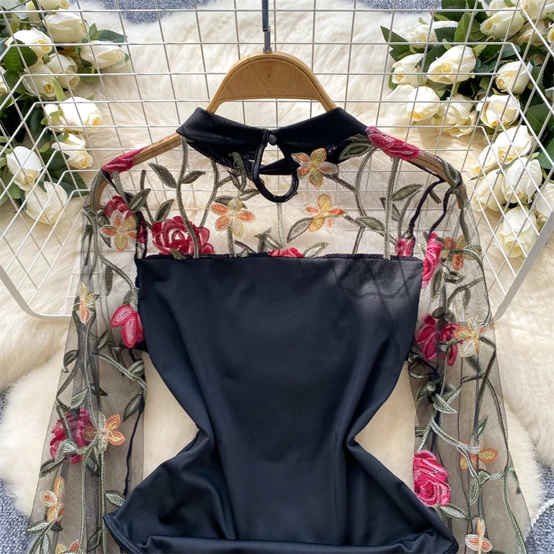 Women's Black Gothic Vintage Jumpsuits Y2k Harajuku Embroidery Overalls Korean Aesthetic 2000s Exotic Sexy Mesh Rompers Clothes