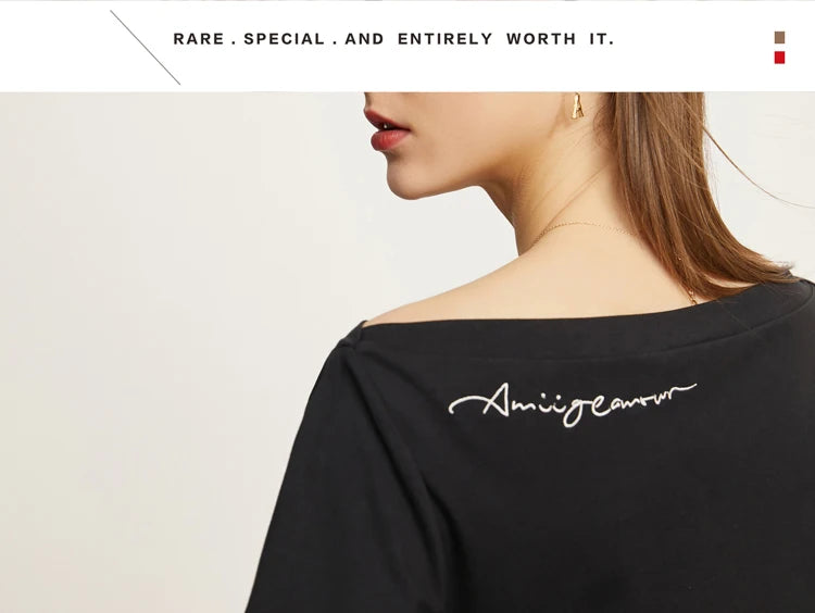 AMII Minimalism T-shirt Women 2023 Spring New Petite Niche Design All-match Office Lady Slash Neck Loose Embroidery Top 12342274