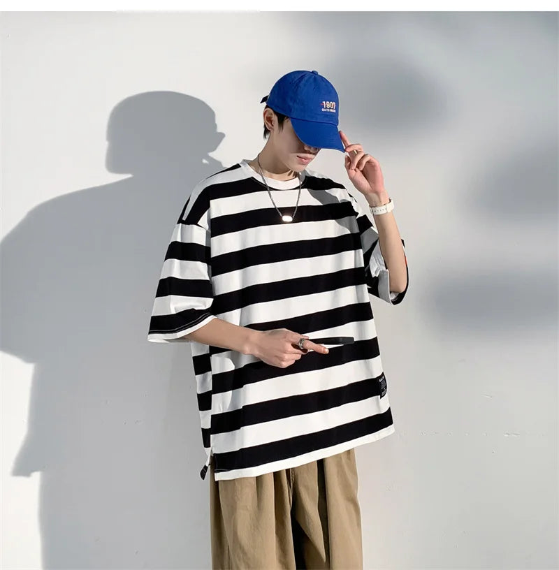 Men's Cotton T-shirt Striped Mens Oversized T Shirts Split Hem Fashion Tee Shirts Casual Wear Summer Tshirt 5XL Big Size for Man
