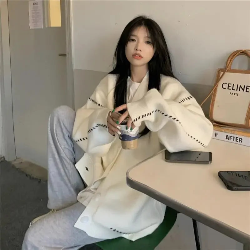 Autumn and Winter Lazy Style V-neck Knitted Sweater Cardigan Women Korean Version Loose Casual All-match Sweater Cardigan Coat