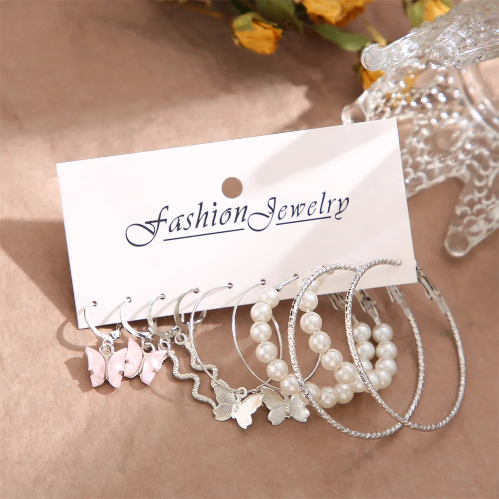 Fashion Big Silver Color Round Circle Pearl Hoop Earrings for Women Girls Snake Butterfly Dangle Earring Set Female Y2K Jewelry