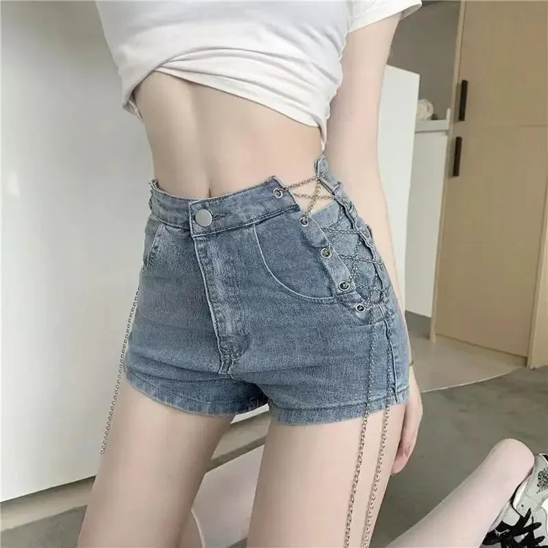 Youthful Sexy Chain Women's Denim Shorts XL Cheap Hot Designer Comfy Y2k Vintage Trend 2025 Elasticty Female Short Jeans Pants