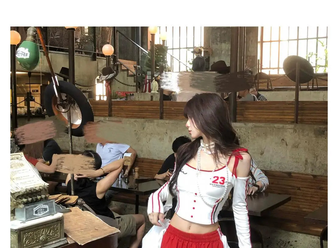 Dophee Original Spice Girls Elastic Waist All-match Loose Straight Wide Leg Pants Cute Bow Printed Splicing Lace Casual Trousers