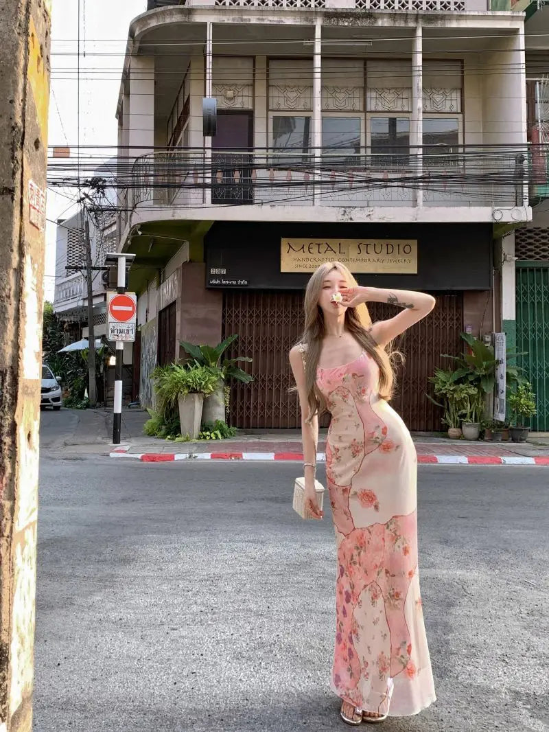 Summer Floral  Boho Dress Women Sleeveless Slim Fit Party Midi Dress  Mesh Patchwork Long Bodycon Elegant Beach Holiday Dress